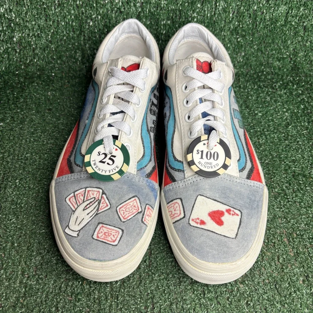 NEW Vans Old Skool Custom Hand-Painted Gambling Sneakers White Men 9 Womens 10.5